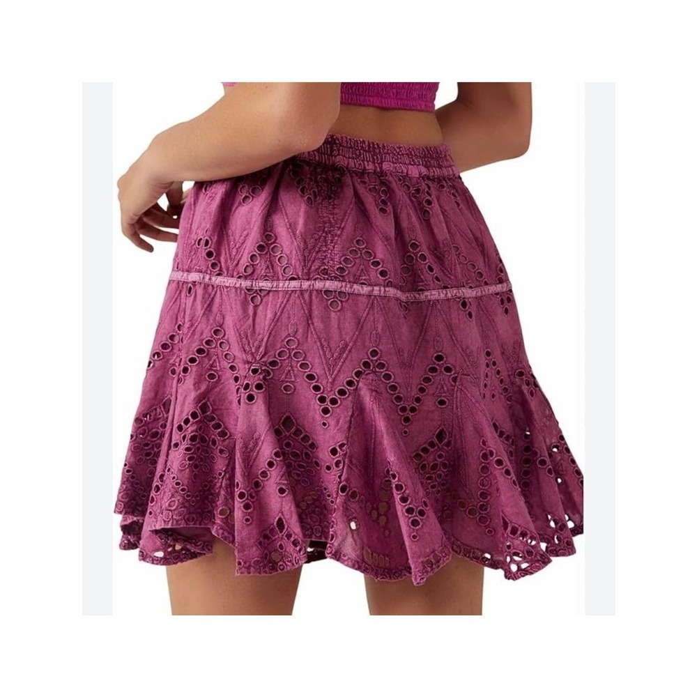 Free‎ People Magenta Purple Eyelet Mini Skirt Tiered Boho Festival Skirt